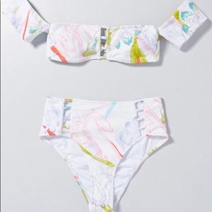 ModCloth Bikini Bandeau Top Hi Waist Bottom Floral White & Multi NWT